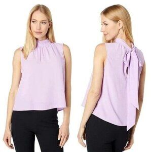 1. STATE Blouse Size Large Violet Tulle Crepe Chiffon Tie Mock Neck Sleeveless